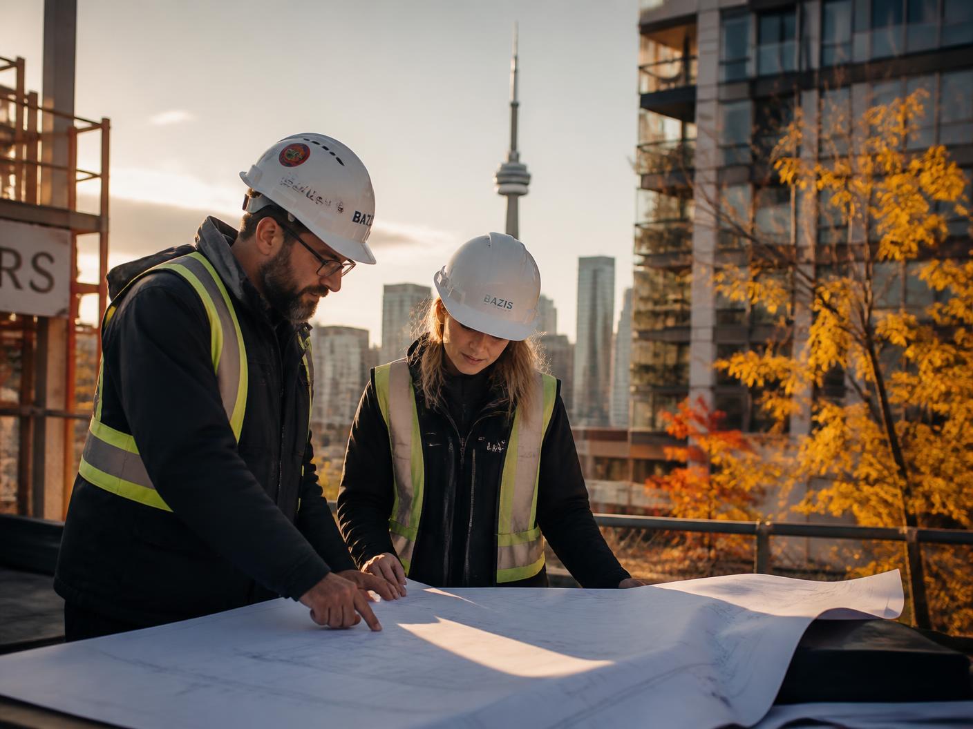 AYSO Construction team reviewing drawings on a Toronto job site