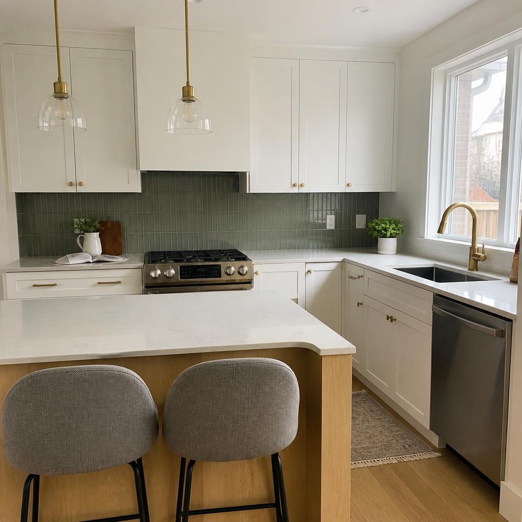 Renovated kitchen with white cabinetry, oak island and a green tile backsplash