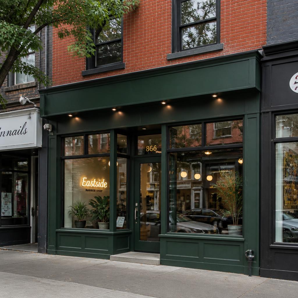 Ground-floor retail storefront with new dark green facade and large windows on a Toronto main street